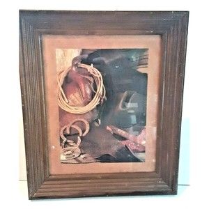 Framed Western Art Saddle Lasso Hat Horseshoes Buckle Bandana Cowboy Rodeo